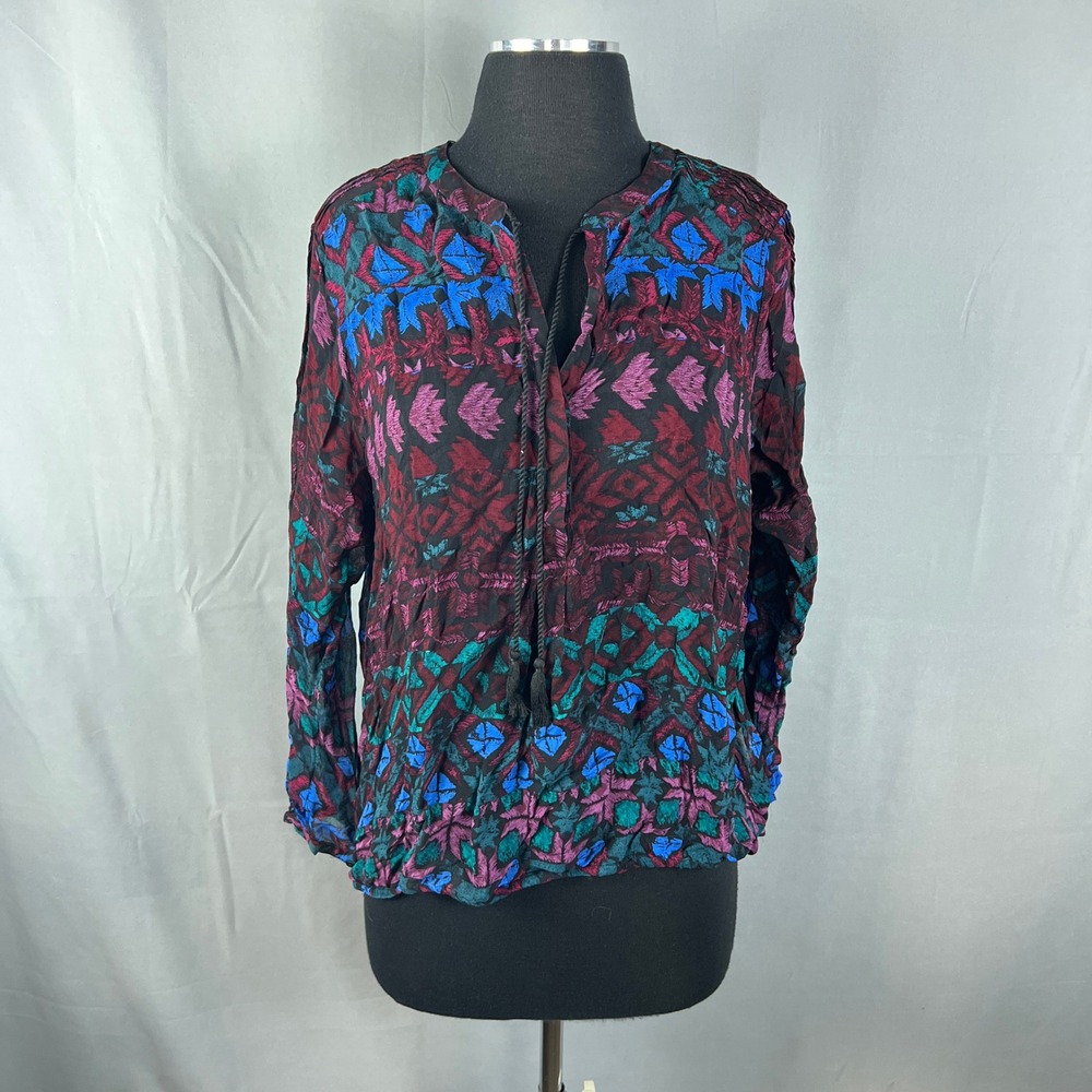 Lucky Brand Blouse Top Women XL Multicolor Geometric Tassel Split V Neck Pleated